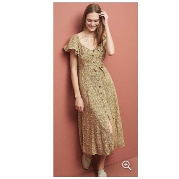 Anthropologie Bolano Cheetah Leopard Print Button Down Midi Dress Womens Sz 0 - Picture 2 of 10